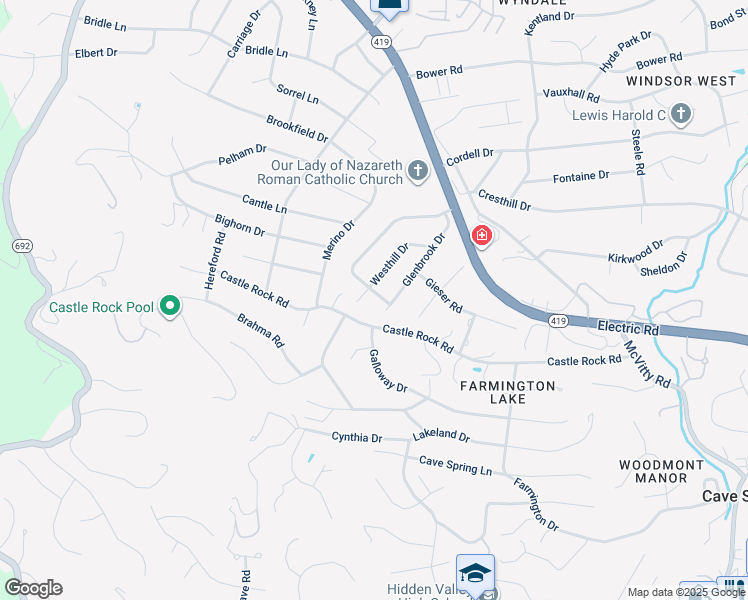 map of restaurants, bars, coffee shops, grocery stores, and more near 4893 Brookwood Drive in Cave Spring