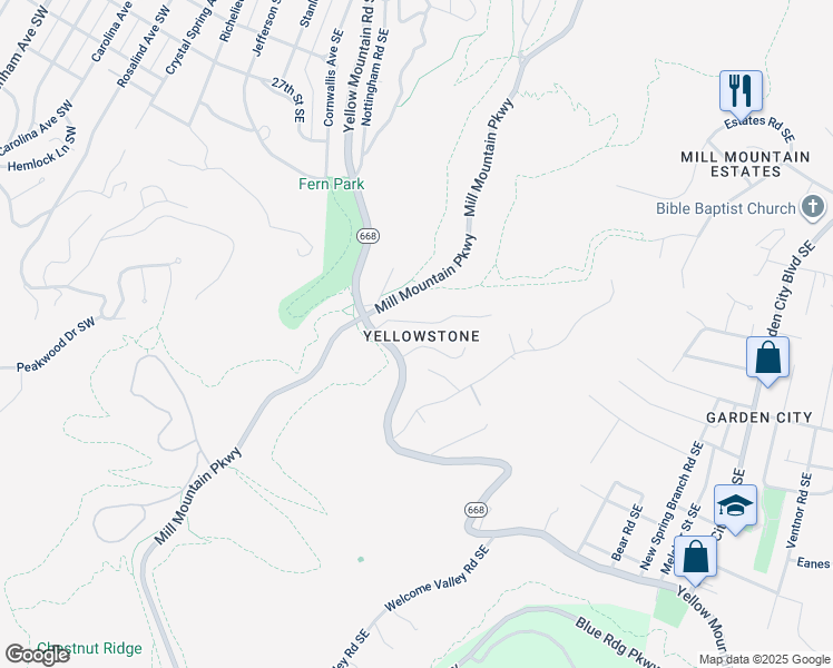 map of restaurants, bars, coffee shops, grocery stores, and more near 518 Fidelity Road Southeast in Roanoke