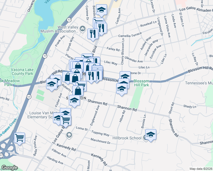 map of restaurants, bars, coffee shops, grocery stores, and more near 800 Blossom Hill Road in Los Gatos