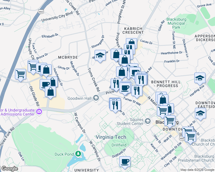 map of restaurants, bars, coffee shops, grocery stores, and more near 829 Orchard Street in Blacksburg