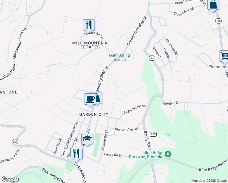 map of restaurants, bars, coffee shops, grocery stores, and more near 3158 Glenoak Street Southeast in Roanoke