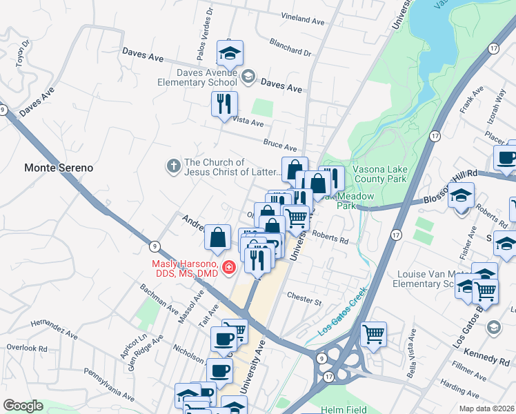 map of restaurants, bars, coffee shops, grocery stores, and more near 33 Ashler Avenue in Los Gatos