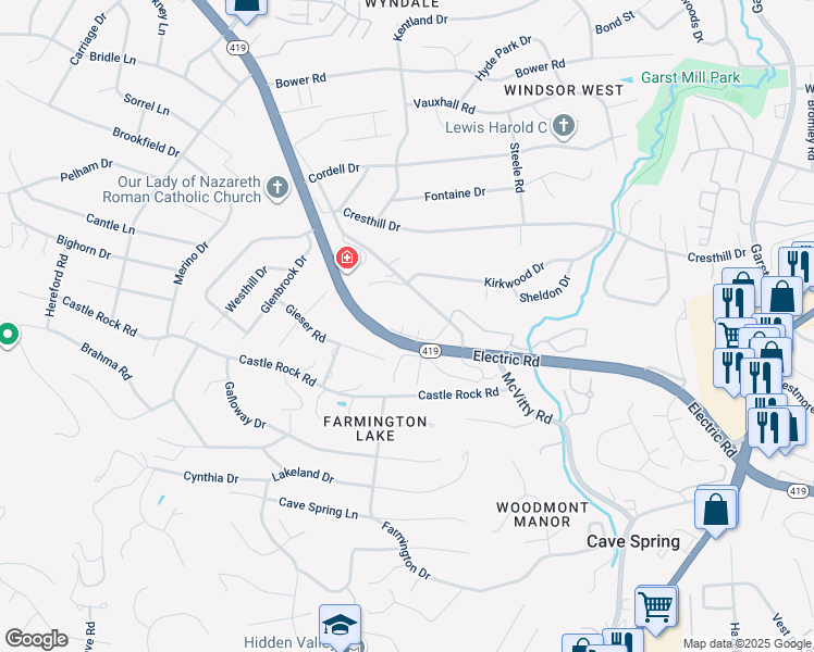 map of restaurants, bars, coffee shops, grocery stores, and more near 2754 Electric Road in Roanoke