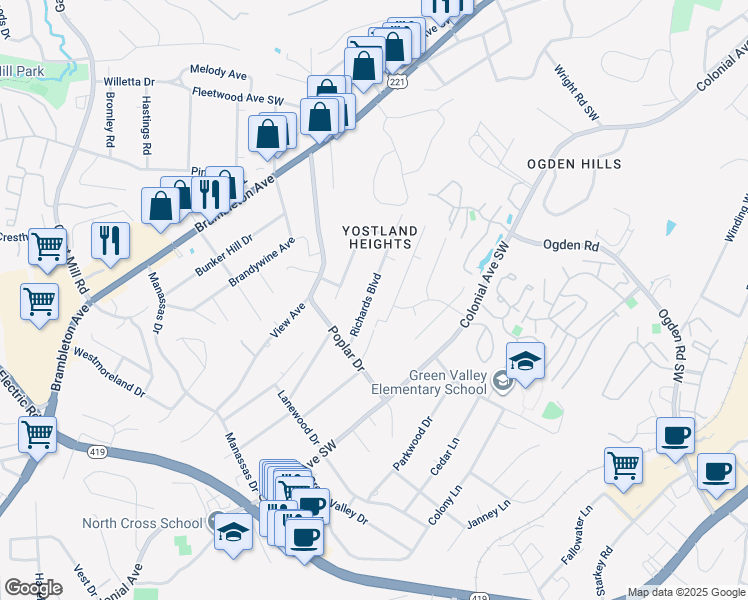 map of restaurants, bars, coffee shops, grocery stores, and more near 3504 Richards Boulevard in Cave Spring