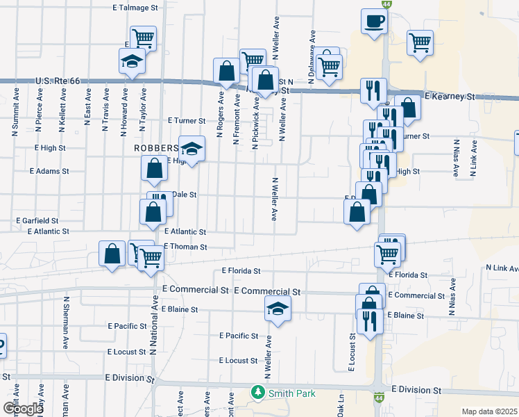 map of restaurants, bars, coffee shops, grocery stores, and more near 2040 N Pickwick Ave in Springfield
