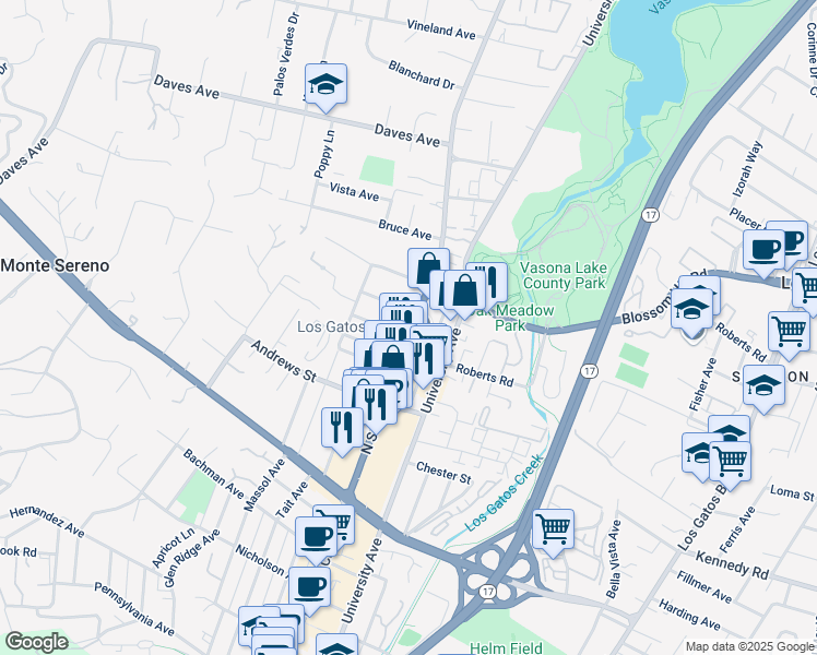 map of restaurants, bars, coffee shops, grocery stores, and more near 615 N Santa Cruz Ave in Los Gatos