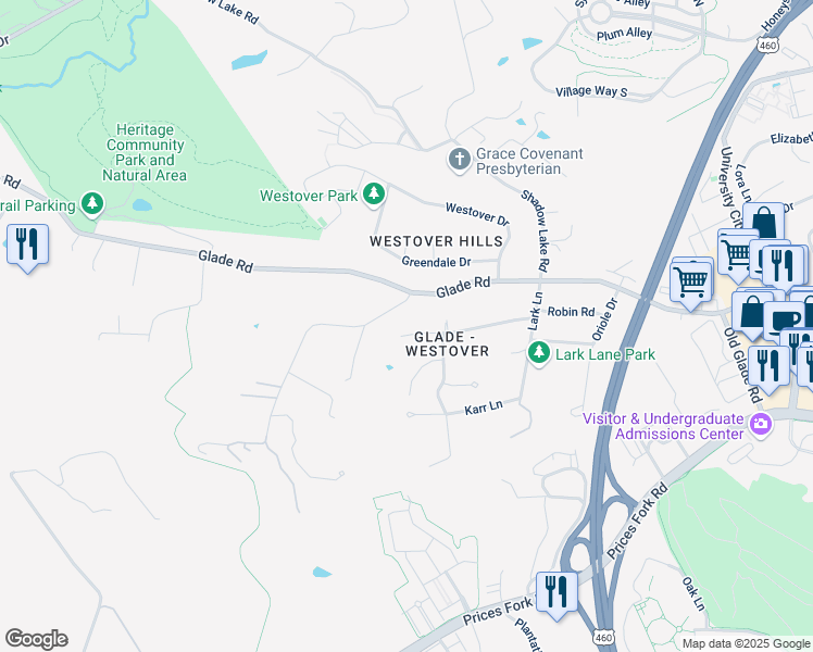 map of restaurants, bars, coffee shops, grocery stores, and more near 1408 Gladewood Drive in Blacksburg