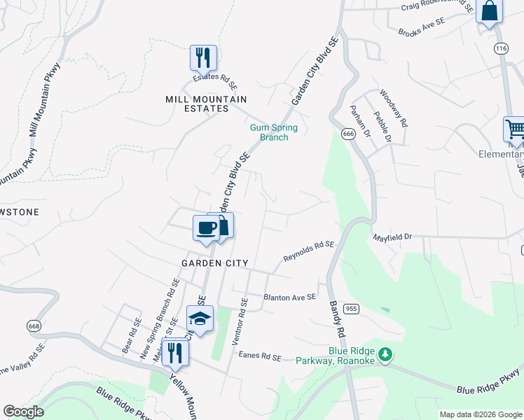 map of restaurants, bars, coffee shops, grocery stores, and more near 3158 Glenoak Street Southeast in Roanoke