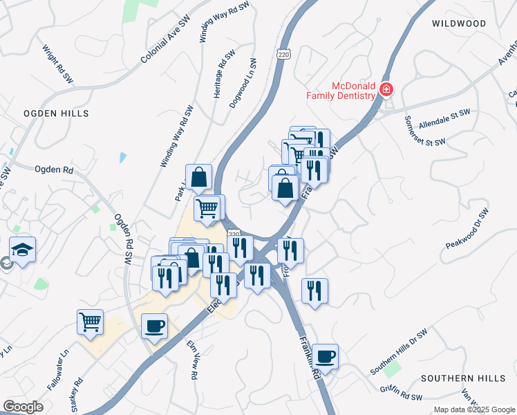 map of restaurants, bars, coffee shops, grocery stores, and more near 3751-3775 Parliament Road Southwest in Roanoke