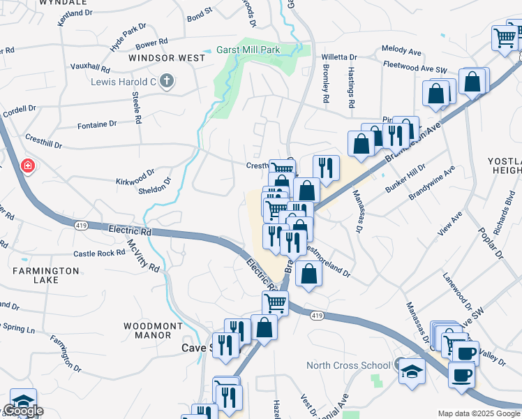 map of restaurants, bars, coffee shops, grocery stores, and more near 3501 Normandy Lane in Cave Spring