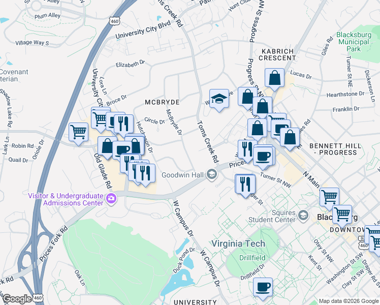 map of restaurants, bars, coffee shops, grocery stores, and more near 704 Toms Creek Road in Blacksburg