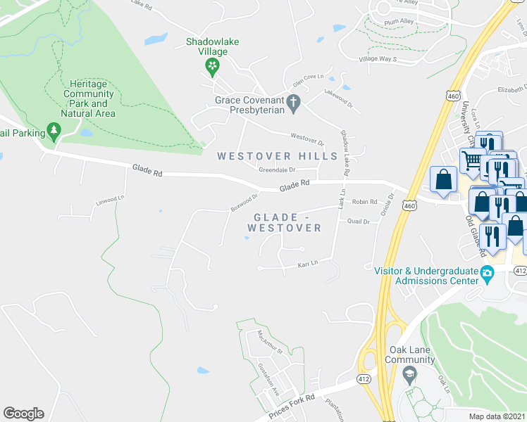 map of restaurants, bars, coffee shops, grocery stores, and more near 1406 Gladewood Drive in Blacksburg