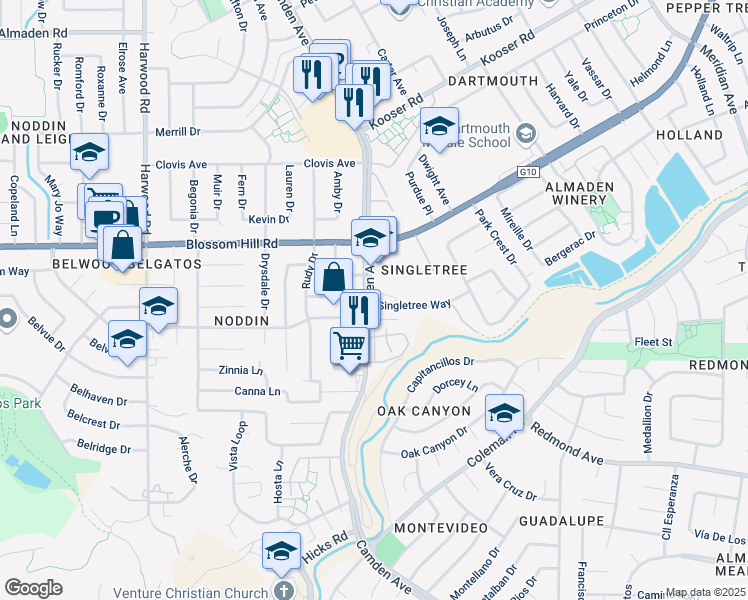 map of restaurants, bars, coffee shops, grocery stores, and more near 5680 Camden Avenue in San Jose