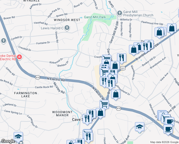 map of restaurants, bars, coffee shops, grocery stores, and more near 4045 Postal Drive in Cave Spring