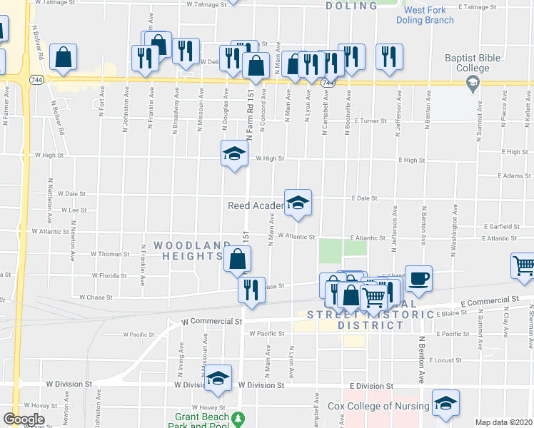 map of restaurants, bars, coffee shops, grocery stores, and more near 2033 North Main Avenue in Springfield