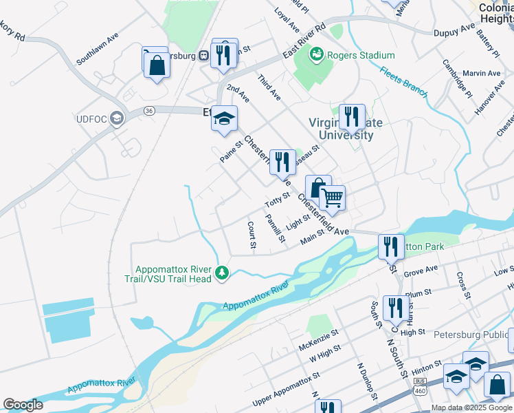 map of restaurants, bars, coffee shops, grocery stores, and more near 3602 Totty Street in Ettrick