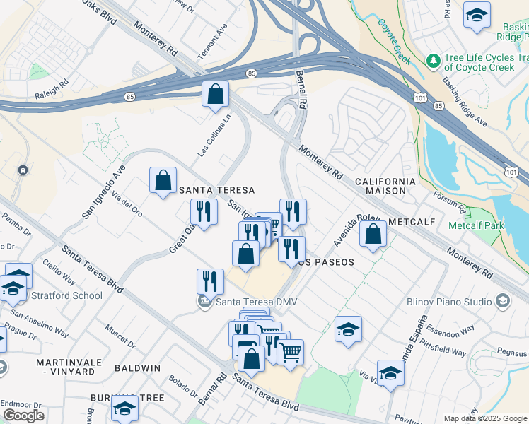 map of restaurants, bars, coffee shops, grocery stores, and more near 6189 San Ignacio Avenue in San Jose