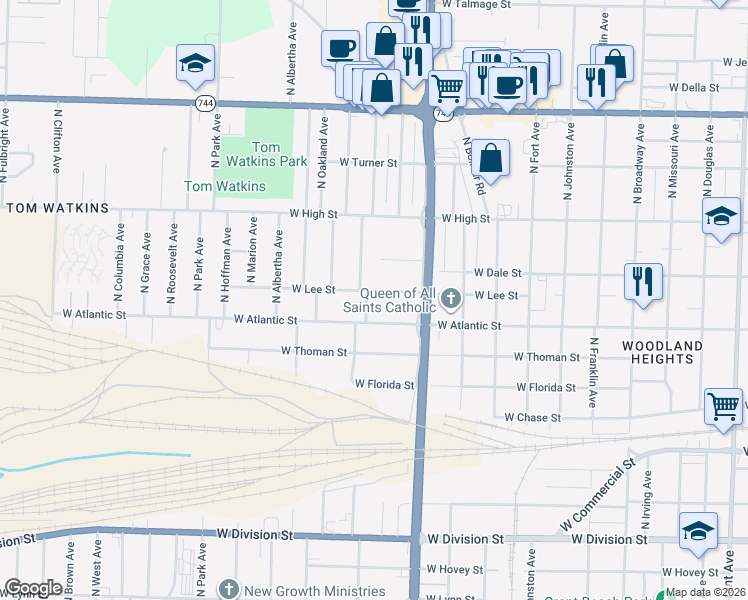 map of restaurants, bars, coffee shops, grocery stores, and more near 1718 West Lee Street in Springfield