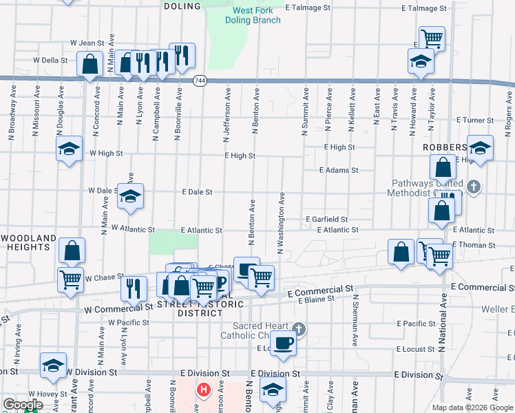 map of restaurants, bars, coffee shops, grocery stores, and more near 2040 North Benton Avenue in Springfield