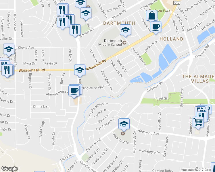 map of restaurants, bars, coffee shops, grocery stores, and more near 5705 Park Manor Drive in San Jose