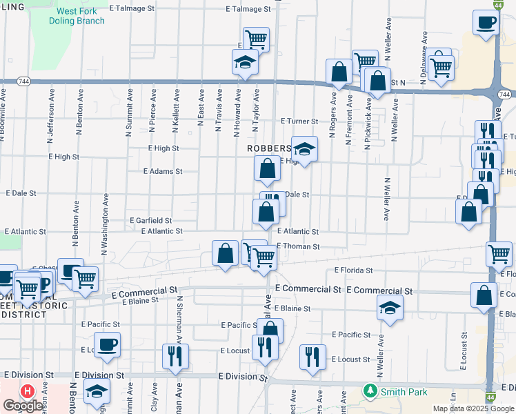 map of restaurants, bars, coffee shops, grocery stores, and more near 2038 North Taylor Avenue in Springfield