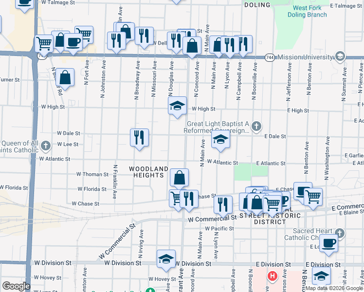 map of restaurants, bars, coffee shops, grocery stores, and more near 2033 North Grant Avenue in Springfield