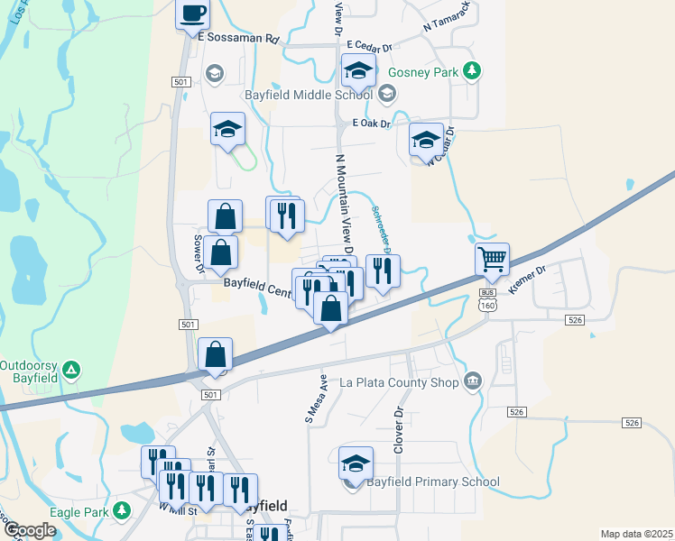 map of restaurants, bars, coffee shops, grocery stores, and more near 399 N Mountain View Dr in Bayfield
