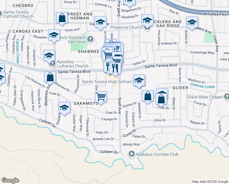 map of restaurants, bars, coffee shops, grocery stores, and more near 6150 Oneida Drive in San Jose