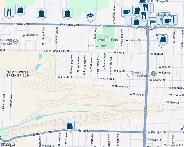 map of restaurants, bars, coffee shops, grocery stores, and more near 2018 North Park Avenue in Springfield