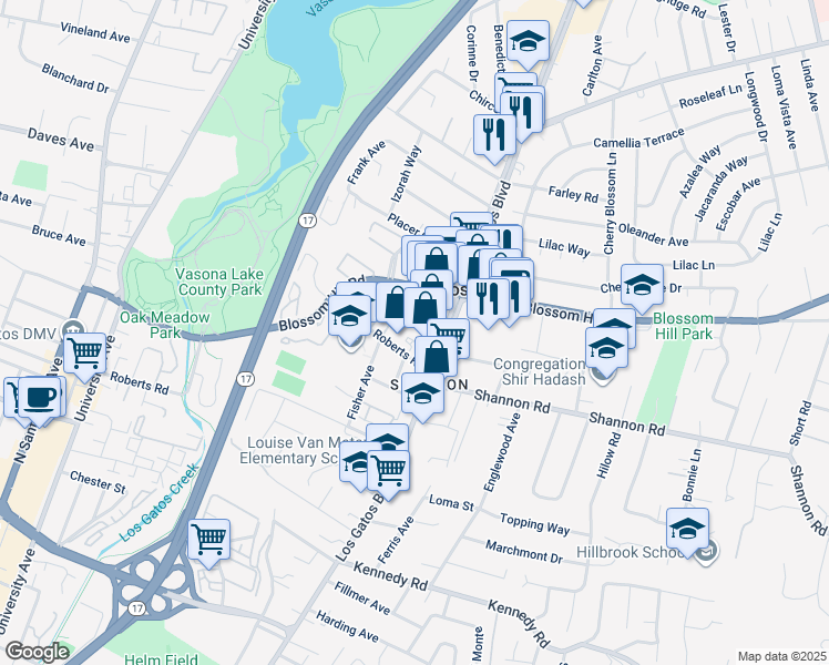 map of restaurants, bars, coffee shops, grocery stores, and more near 16121 Los Gatos Boulevard in Los Gatos