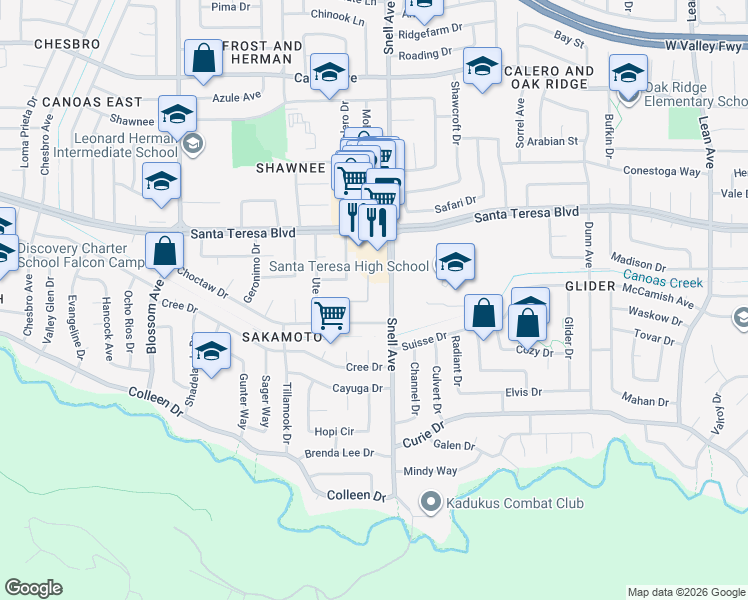 map of restaurants, bars, coffee shops, grocery stores, and more near 6150 Oneida Drive in San Jose