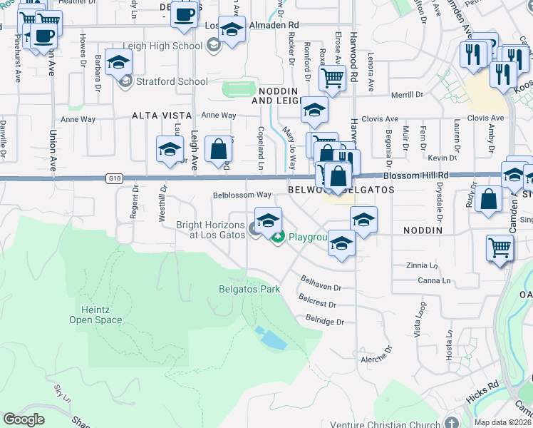 map of restaurants, bars, coffee shops, grocery stores, and more near 183 Belvue Drive in Los Gatos