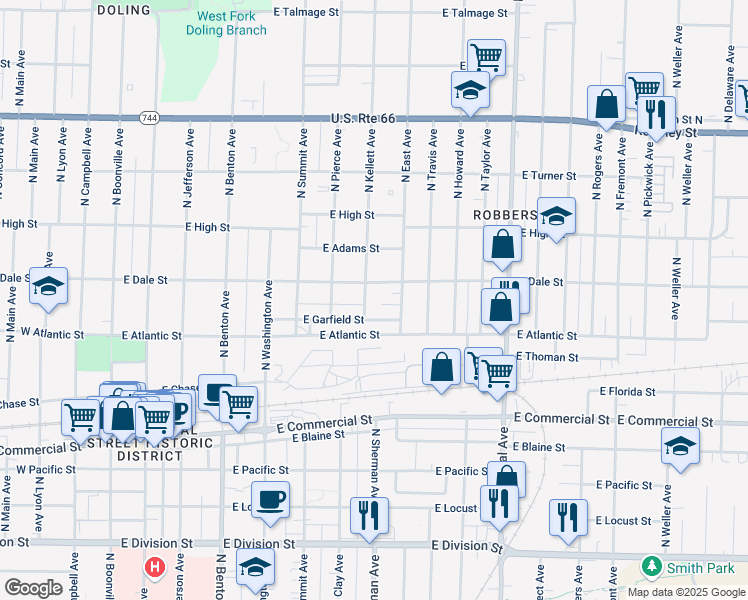 map of restaurants, bars, coffee shops, grocery stores, and more near 2044 North Kellett Avenue in Springfield