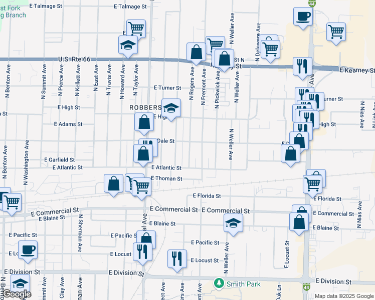 map of restaurants, bars, coffee shops, grocery stores, and more near 2041 North Rogers Avenue in Springfield