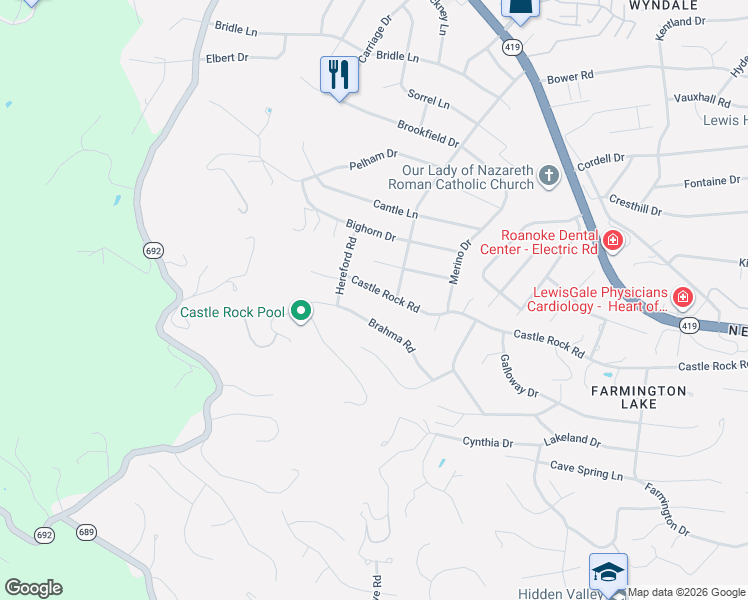 map of restaurants, bars, coffee shops, grocery stores, and more near 5812 Castle Rock Road in Cave Spring