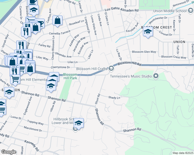 map of restaurants, bars, coffee shops, grocery stores, and more near 100 Mary Way in Los Gatos
