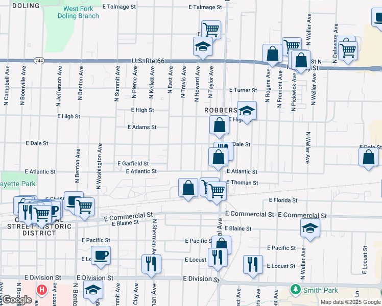 map of restaurants, bars, coffee shops, grocery stores, and more near 2041 North Howard Avenue in Springfield