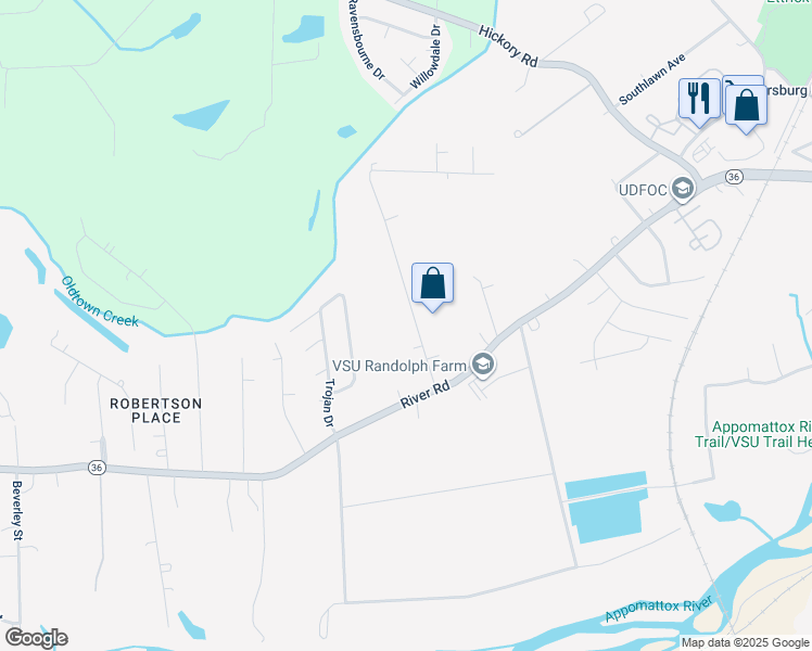 map of restaurants, bars, coffee shops, grocery stores, and more near 21222 Winfree Avenue in Petersburg