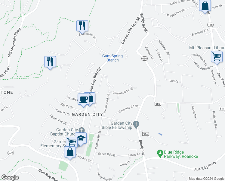 map of restaurants, bars, coffee shops, grocery stores, and more near 1408 Glenwood Drive Southeast in Roanoke