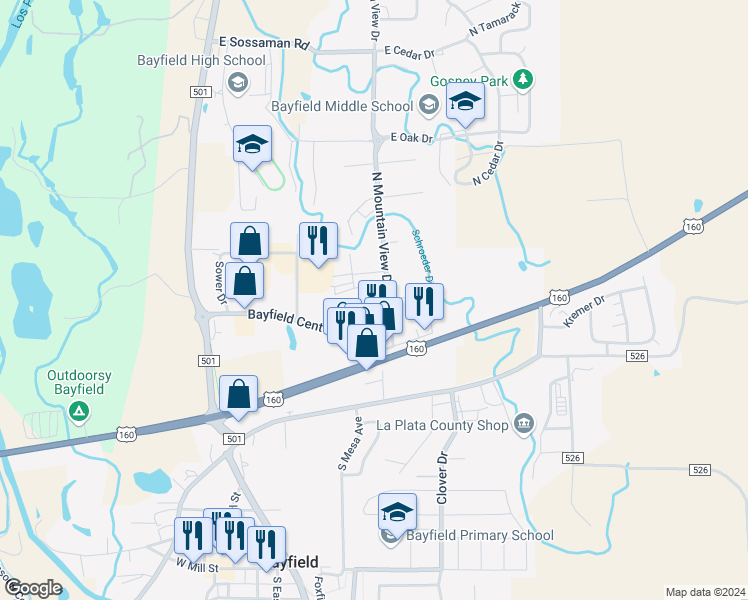 map of restaurants, bars, coffee shops, grocery stores, and more near 399 N Mountain View Dr in Bayfield
