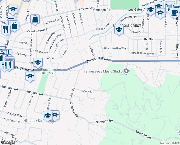map of restaurants, bars, coffee shops, grocery stores, and more near 16030 Camino Del Cerro in Los Gatos