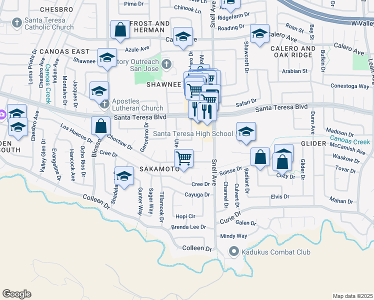 map of restaurants, bars, coffee shops, grocery stores, and more near 6187 Oneida Drive in San Jose