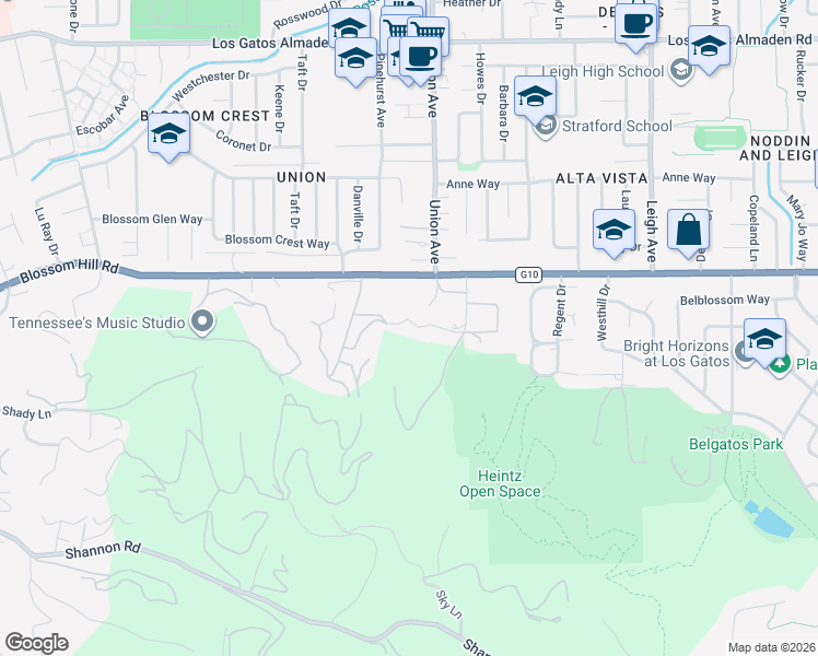 map of restaurants, bars, coffee shops, grocery stores, and more near 15010 Larga Vista Drive in Los Gatos
