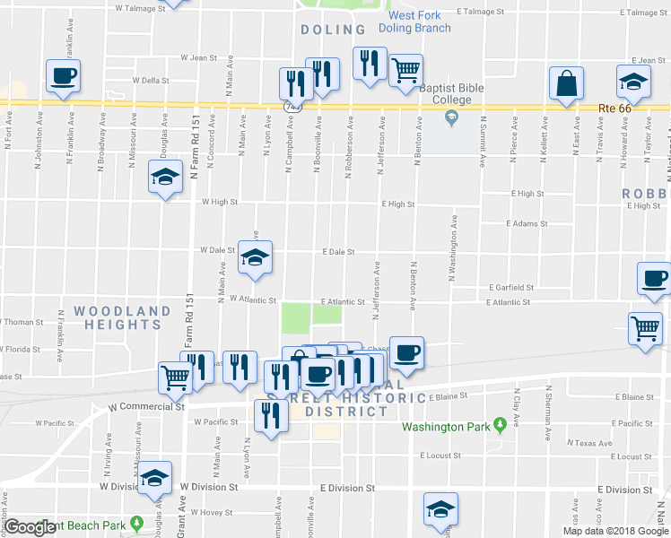 map of restaurants, bars, coffee shops, grocery stores, and more near 2043 North Robberson Avenue in Springfield