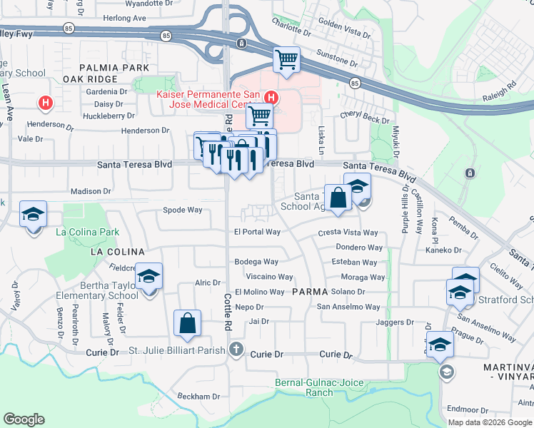 map of restaurants, bars, coffee shops, grocery stores, and more near 6155 Camino Verde Drive in San Jose