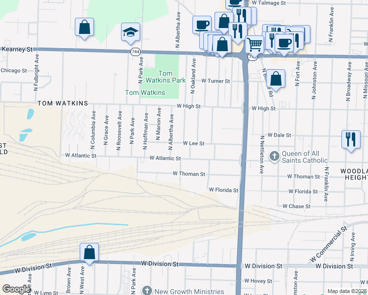map of restaurants, bars, coffee shops, grocery stores, and more near 1930 West Lee Street in Springfield