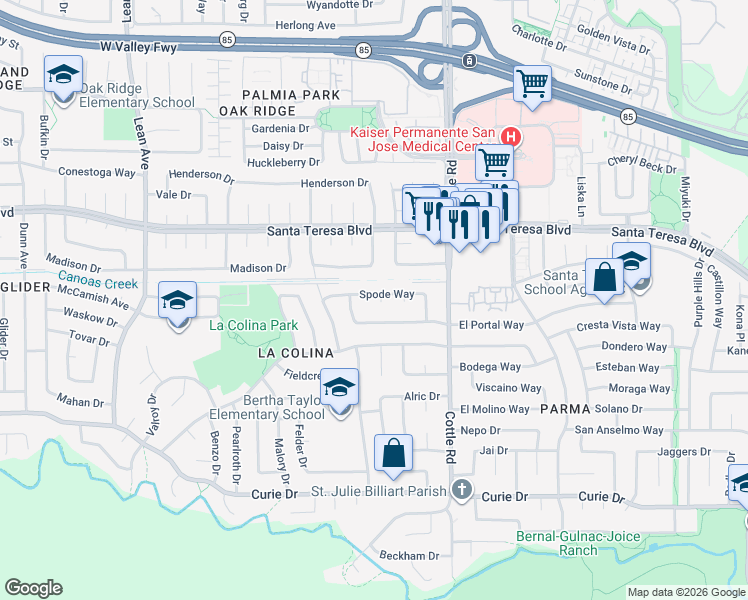 map of restaurants, bars, coffee shops, grocery stores, and more near 362 Spode Way in San Jose