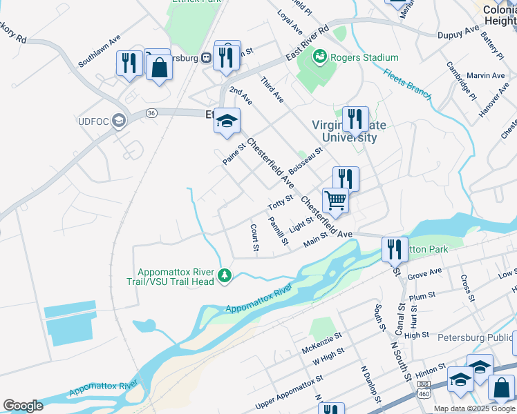 map of restaurants, bars, coffee shops, grocery stores, and more near 3602 Totty Street in Ettrick