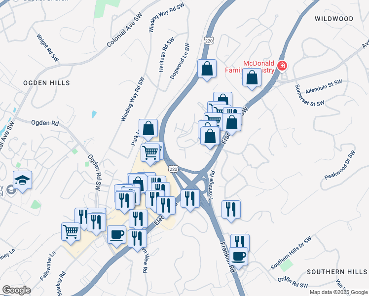 map of restaurants, bars, coffee shops, grocery stores, and more near 3751 Parliament Road Southwest in Roanoke