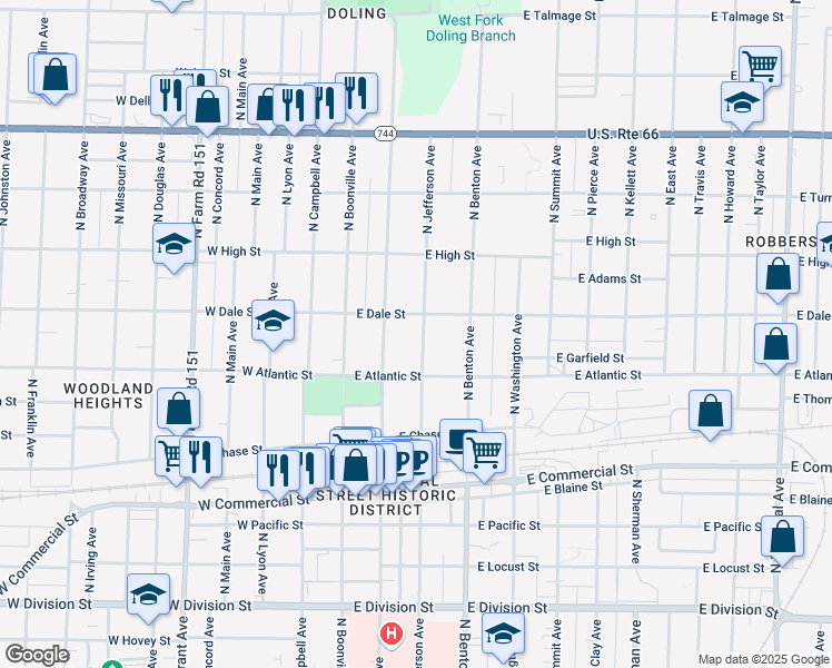 map of restaurants, bars, coffee shops, grocery stores, and more near 2043 North Jefferson Avenue in Springfield